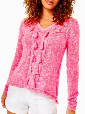 Lily Pulitzer Kovette pink tassel cotton high V-neck cotton sweater